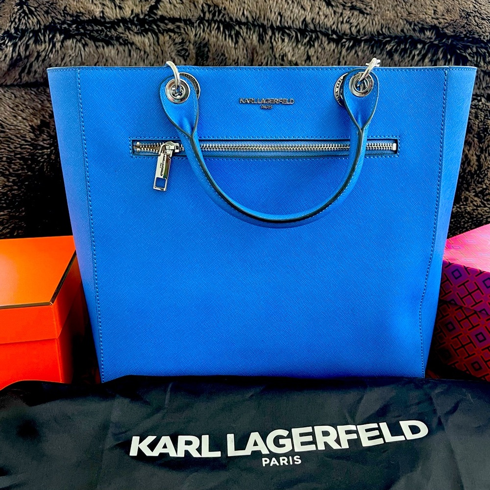 ****SOLD****.   Stunning Blue Karl Lagerfeld Tote with optional handles.